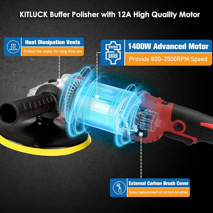 KITLUCK Buffer Polisher, 12Amp 6″/7″ Rotary Polisher for Car Detailing, 1400W 7 Variable Speed Car Buffer Polisher Machine, 800-3500RPM, with Foam Pad, Wool Pad For Car Polishing, Buffing, Waxing