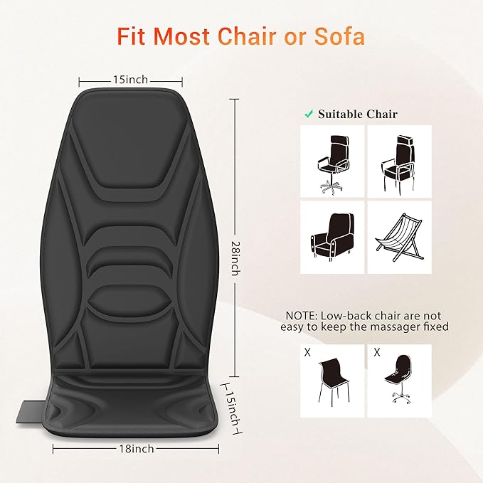 Massage Seat Cushion with Heat, Back Massager for Pain Relief Deep Tissue, Vibration Massage Chair Pad, Chair Massager for Home Office Use, Gifts for Men & Women
