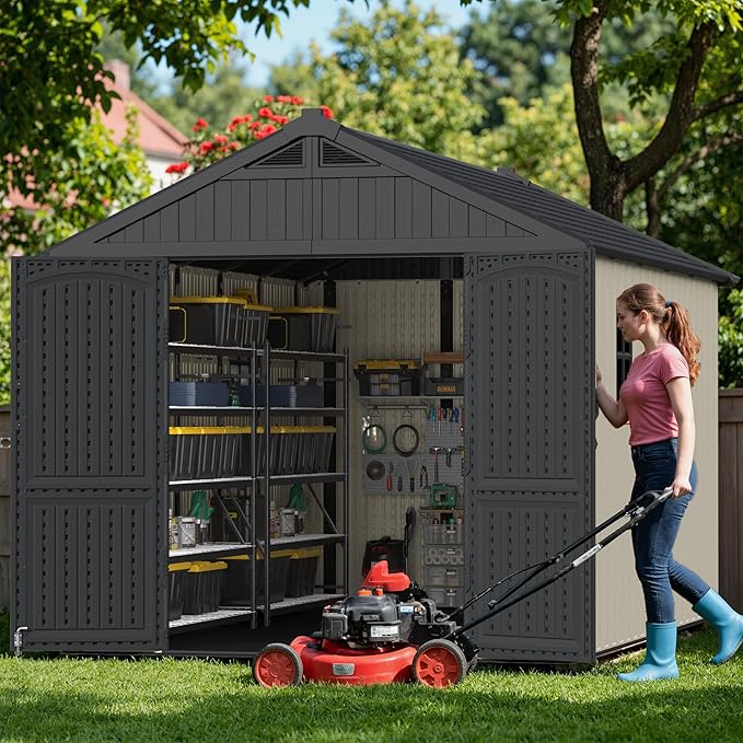 Greesum 8×12 FT Plastic Outdoor Storage Shed with Floor, Resin Sheds with Window and Lockable Door, Weather Resistant Organization for Garden, Lawn, Pool Supplies, Beige