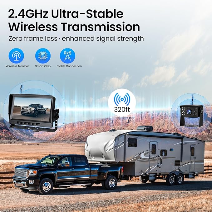 RV Backup Camera, Vehicle Backup Camera with AI Detection, 1080P Backup Cameras, 7'' Waterproof Wireless Backup Camera with DVR Recording & Night Vision for Car, Van, SUV, Truck, Trailer