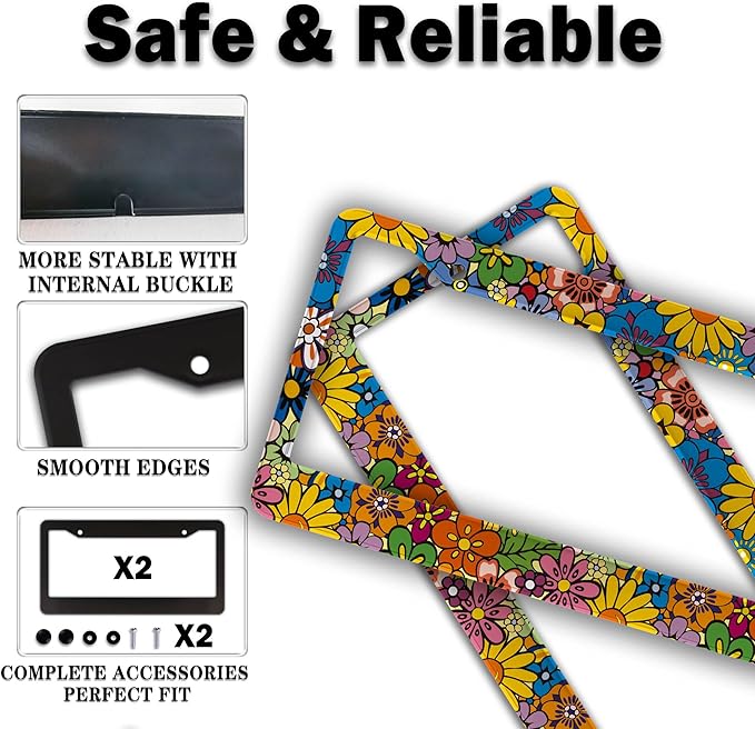 License Plate Frames Multicolor Car Plate Frames Abstract Hippie Flowers Universal Aluminum Car Accessory 2 Pack with Screw Covers Set