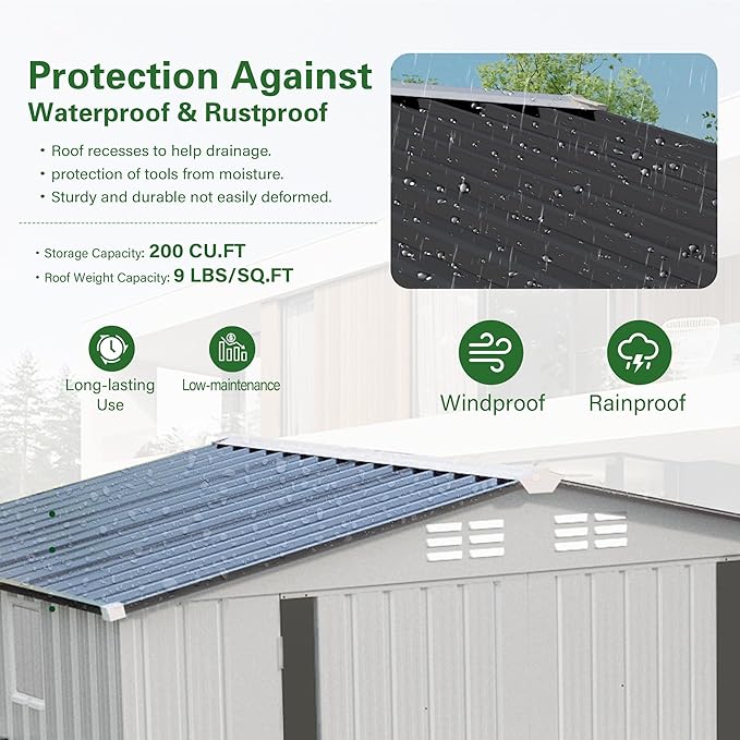 8X6 FT Outdoor Storage Shed with Window, Metal Garden Sheds w/Lockable Door and Vents, Waterproof Steel Tool House for Backyard, Patio, Lawn, Sundries & Utility Storage, White