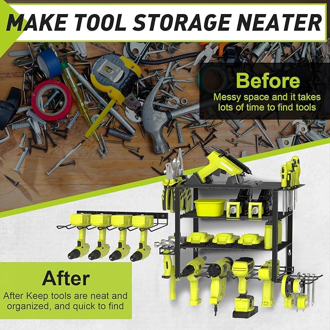 5 Layers 2 IN 1 Power Tool Organizer Wall Mount for Dad, 8 Cordless Drill Holder Garage Organization Heavy Duty Metal Loads 250LBS, Garage Shelving for Garden Power Tool Storage, Tool Rack for Men