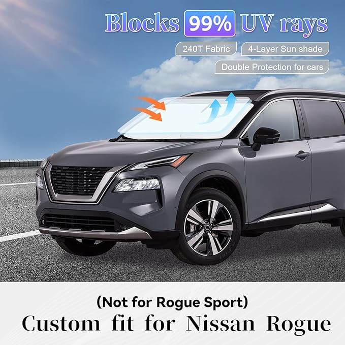 Sun Shade Sunshade Compatible with Nissan Rogue Windshield Cover, 4-Layer Front Window Shade for Rogue 2014-2020 (Not for Rogue Sport) Sun Visor 240T Retractable Shade Blocks UV Rays