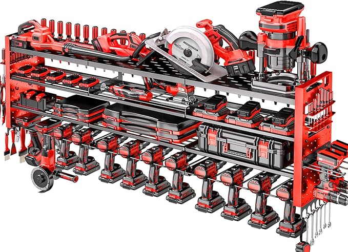 49.8" W Large Power Tool Organizer Wall Mount, Heavy Duty Tool Organizer with 14 cordless Drill Holder, 4 Layers Garage Organization and Storage Rack, Tool Rack for Garage Workshop, Red
