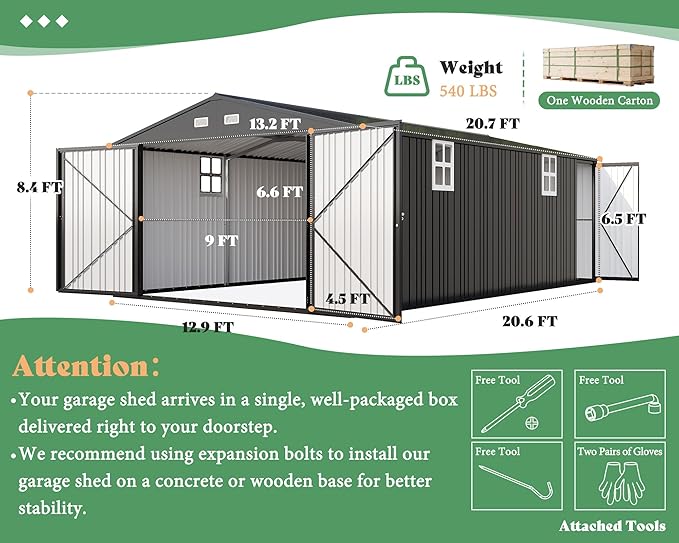 AMERLIFE 13.2x21x8.4 FT Outdoor Metal Garage Shed, Extra Large Storage Shed with Double Hinged Doors, 4 Windows, Carport for Car, Truck, Bike and Lawn Equipment, Dark Grey
