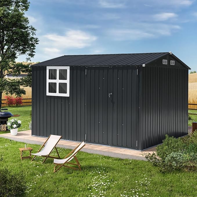 Verano Garden 10x8FT Outdoor Storage Shed, Large Galvanized Steel Metal Garden Shed with Window, Lockable Double Door, Outdoor Tool Shed for Backyard, Patio, Lawn(113.39"x98.03"x77.56")