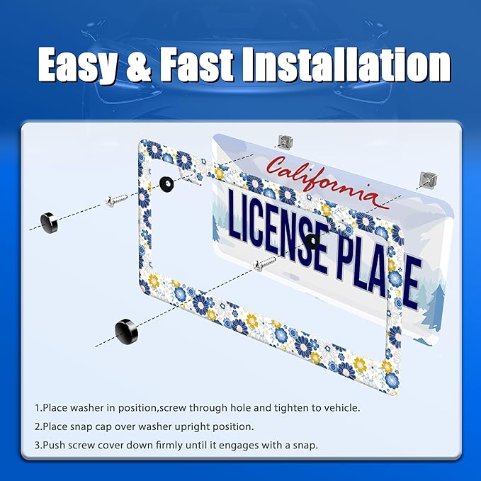 White Blue Hippie Flowers License Plate Frame Colorful Floral License Plate Holder Funny Car Accessory Decoration 12.3"x6.3" for Women