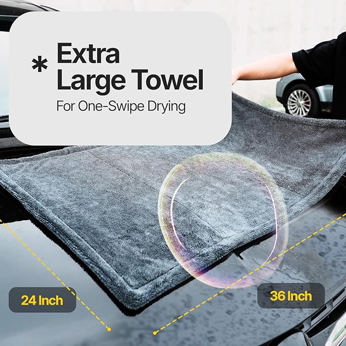 Crystal Clean 1300GSM Microfiber Towels for Cars – XL Drying Towel 2-Pack (24x36 & 12x12) with Double Twisted Loop, Professional Detailing Towel Car Detailers - Quick Dry, Paint Safe & Swirl-Free