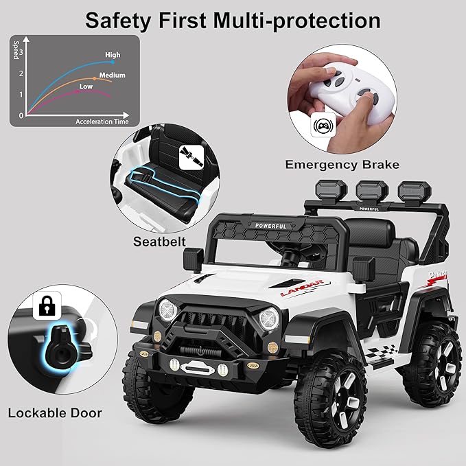 Kids Electric Vehicle, 12V Battery Powered Ride On Car with 2.4G Remote Control, Electric Car for Kids, 3 Speed Ride On Toy, Soft Start, LED Lights, Bluetooth, White