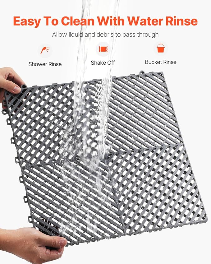 VEVOR Interlocking Drainage Mat, 15.7” x 15.7” Modular Interlocking Cushion, 24 Pcs Splicing Drainage Mats, Non-Slip Gray PP Drainage Floor Tile and Shower Mat, for Garage, Garden, Kitchen & Outdoor