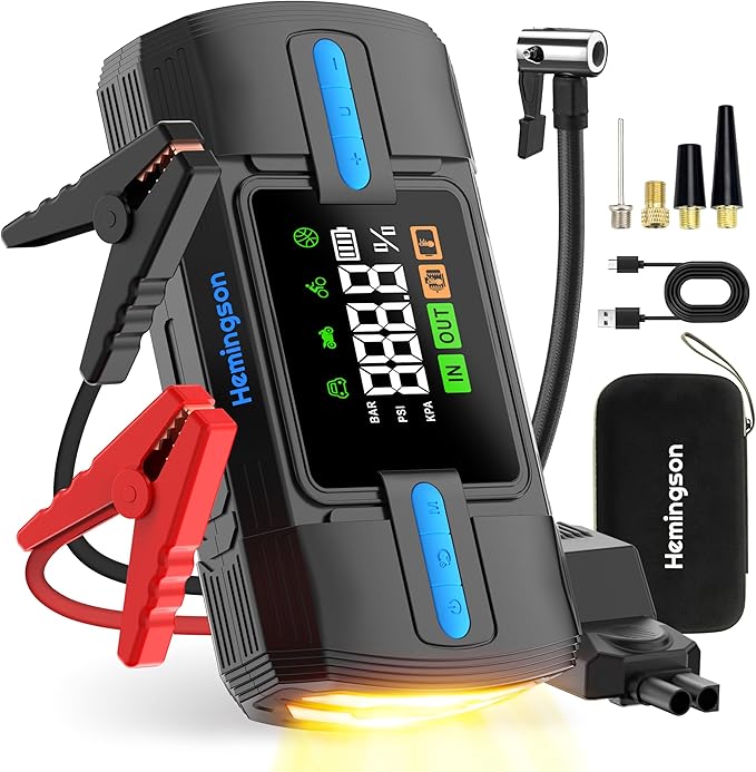 Jump Starter with Air Compressor, 3000A 160PSI Car Battery Jump Starter for 9.0L Gas & 8.0L Diesel Engines, 12V Portable Car Jumper with LCD Display & 4-Mode LED Flashlight