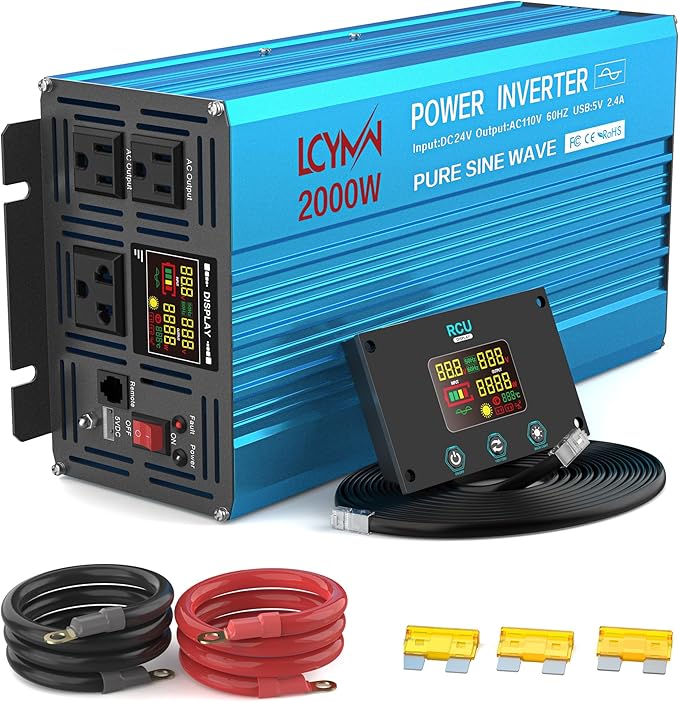 2000 Watt Inverter Pure Sine Wave DC 24V to 110V/120V AC Power Inverters with 3 AC Charger Outlets Car Solar Converter for Vehicles Home with LCD Display and 2.4A USB Charging Port