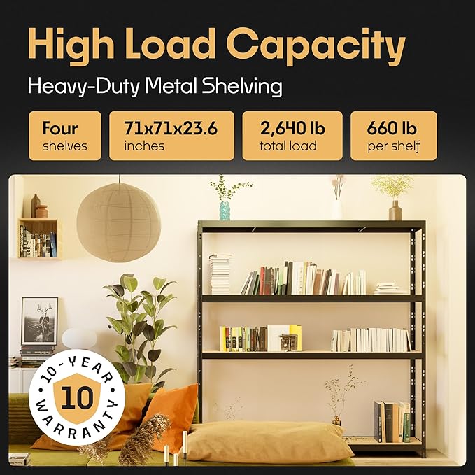 Storage Shelves: 4 Storage Shelves Heavy Duty w/ 2,640 lb Total Load Capacity, 660 per Storage Shelf, 71x71x24 | Adjustable Shelving Unit, Robust Garage Shelving, Extra Long Steel Profiles