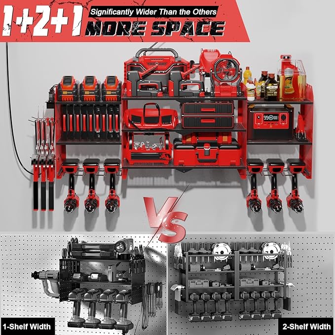 Power Tool Organizer Wall Mount with Charging Station, 45.5" Expanded Garage Wall Tool Organizer with 4 Pegboard Hooks, 6.5FT Outlet Power Strip, Large Garage Storage Rack for Impact Wrenches