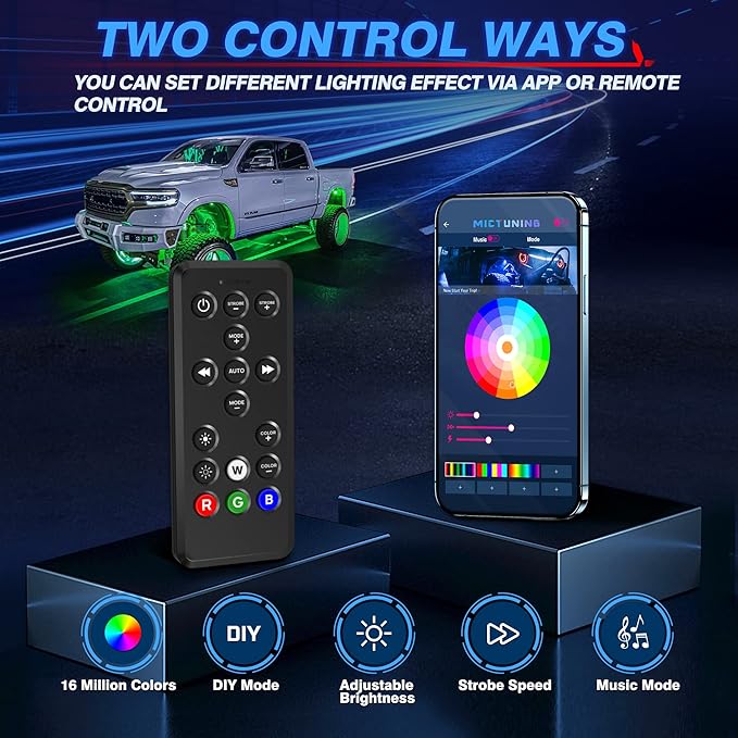 MICTUNING Q1 RGBW Rock Lights, 12 Pods Pure Color Underglow Neon Multicolor Lighting with Wiring Switch Kit, Bluetooth Controller, Remote Control, Music Mode for Trucks Car ATV UTV Golf Cart