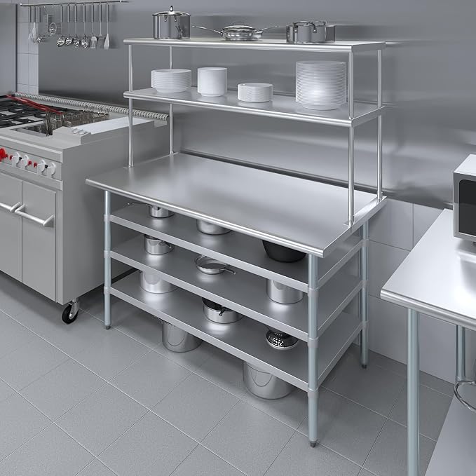 Amgood 30" x 60" Stainless Steel Work Table with 3 Shelves and 18" Wide Double Tier Overshelf | Metal Kitchen Prep Table & Shelving Combo | NSF