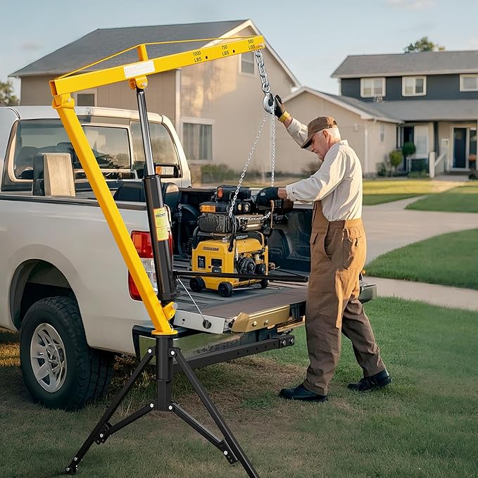 1000lbs Receiver Hitch Mounted Hydraulic 360° Swivel Truck Crane with 3 Boom Capacity Options: 500lbs, 750lbs, 1000lbs. Ideal for Workshops, Construction, Agriculture, and Logging