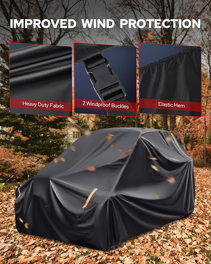 Benlari Heavy Duty UTV Cover - 420D Waterproof Oxford Cloth, PU Coating, 2 Adjustable Windproof Buckles, 4 Wheel Tie-downs and Reflective Strips for Outdoor All-weather Protection (136" x 75" x 69")