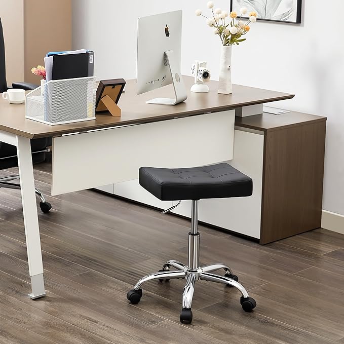 Office Stool with Wheels (300lbs Capacity) (Adjustable Height 17-21 inch) Black Faux Leather Workbench Stool (Black)