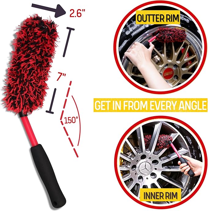 Metal Free Microfiber Wheel Brush Kit- Microfiber Angled Wheel Brush, Long Handle Wheel Brush, Tire& Detailing Brush, Wheel Wash Mitt. Hands-On Wheel Detailing Kit for Daily Wheel Cleaning
