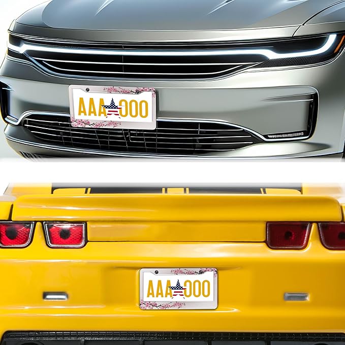License Plate Frames for Men Powder License Plate Frame for Women Beautiful Cherry Blossom Aluminum Metal Car Accessory 2 Pack with Screw Covers Set