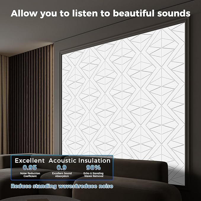 50 Pack Bulk Self-Adhesive Soundproof Wall Panels, 12 x 12 x 0.47 In Sound Proof Foam Panels for Walls, 1.2lb/ft³ High Density, Thicker 0.47in, Acoustic Panels, Duty for Large Walls White