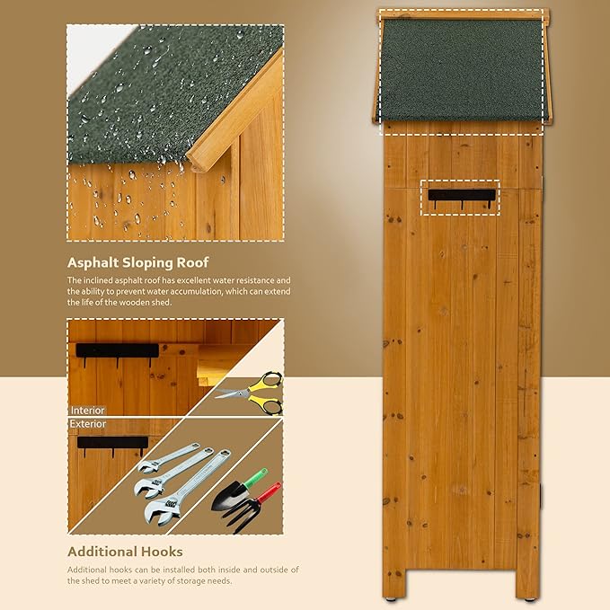 30.3" L X 21.3" W X 70.5" H Outdoor Storage Shed with Waterproof Roof, Solid Fir Wood Frame, and 3 Compartments for Garden Tools, Mower, and Hose,Natural Wood
