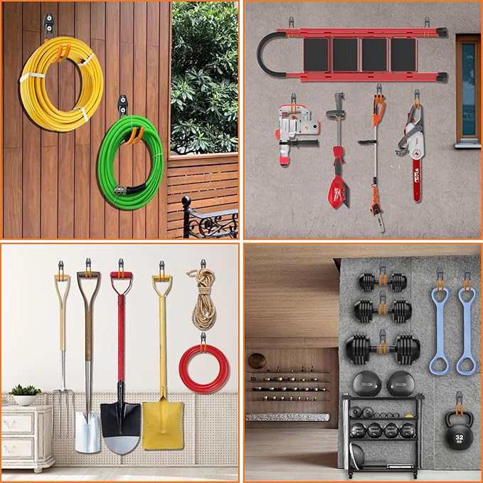 3-H Garden Hose Holder Wall Mount 4 Pack,Solid Steel Hose Hanger,Water Hose Holders for Outside,Perfect for Hanging Outdoor Air Hose,Ropes,Pipes,Garden Tools,Ladders,Bikes,Bulk Items(Orange)