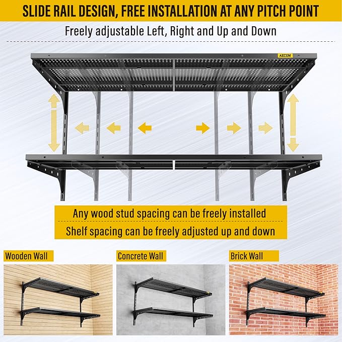 2 Tier 1.3x4ft Garage Shelving Wall Mounted, 400 lbs Load Capacity，15.6x48inch per Shelf Height Cassette Adjustable Floating Shelves(Black)