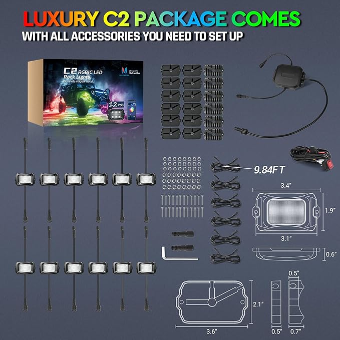 MICTUNING C2 Max RGB+IC Chasing Color LED Rock Lights - 12 Pods Underglow Lighting Kit, Dynamic Lighting Modes, Extensible Up to 24 Pods with Stable APP Control, IP68 Waterproof, DIY Effect