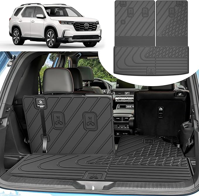 Original Cargo Mat Fit for Honda Pilot 2023-2025: Cargo Liner with Backrest Mat Behind 3rd Row Back Seat Protector - All Weather Protection Waterproof Trunk Mat with Back Seat Cover Pilot Accessories