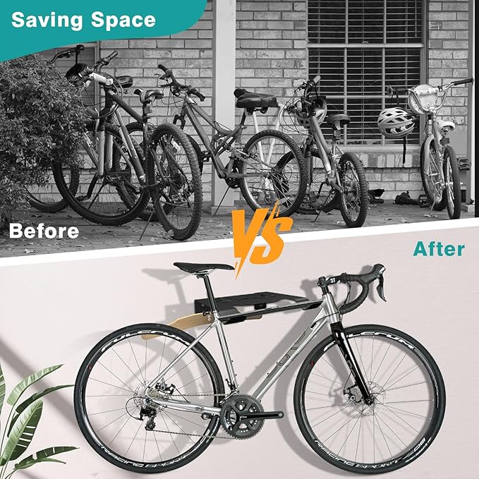 Bike Wall Mount Rack, Horizontal Bicycle Storage Hanger for Garage, Home, Apartment, Wall Mounted Bike Holder with Hook and Shelf for Cycling Accessories Organization, Heavy-Duty Metal