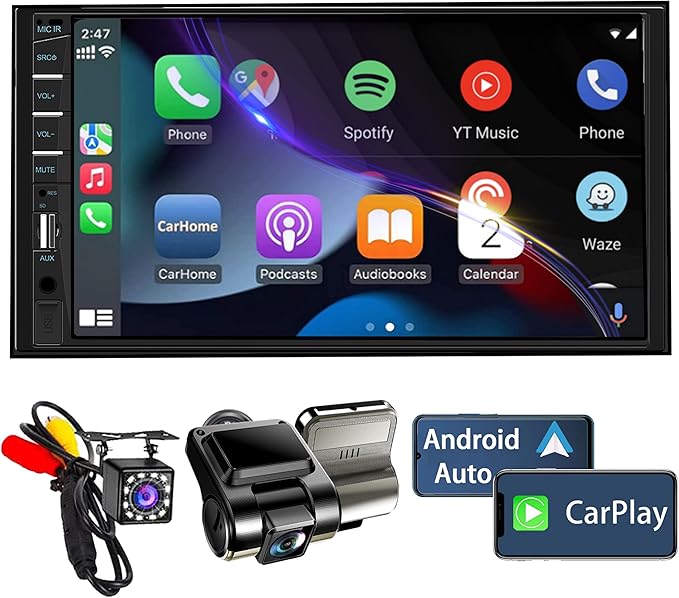 Naifay Double Din Car Stereo with Dash Cam | 7INCH Touchscreen Car Radio Receivers Support with Apple Carplay & Android Auto, Bluetooth, Backup Camera, Mirror Link, Voice Control, SWC, FM/USB/TF/AUX
