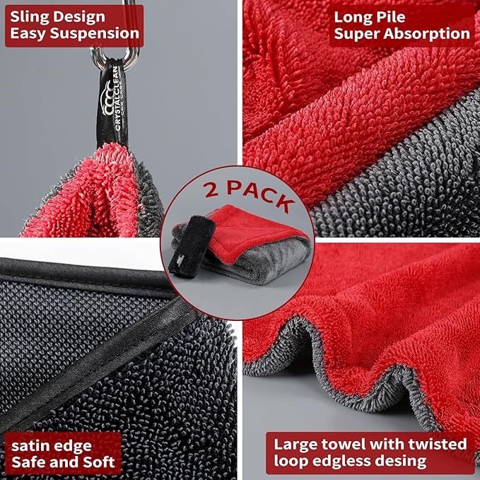Microfiber Towels for Cars - 1300GSM X Large Size Double Twisted Loop 2pcs - 70/30 Blend Quick Dry High Absorbent Edgeless Streak Free - Car Drying Towel for Detailing 24x36″ & 12x12 (Grey+Red)