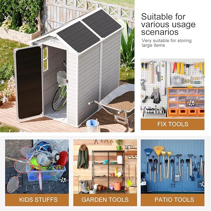 6x4 FT Resin Storage Shed for Outdoor, Waterproof Plastic Sheds with Floor Window Door Inlcuded, Outside Tool Storage for Garden Backyard Patio Lawn, Gray