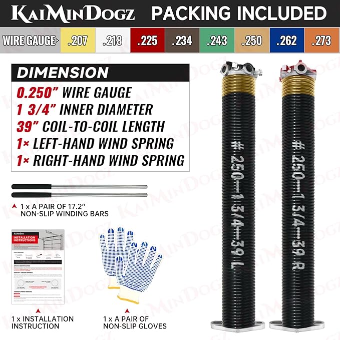Pair of 1.75" Garage Door Torsion Springs Set with Non-Slip Winding Bars&Gloves, High Precision Electrophoresis Oil-Free Black Coated for Replacement, MIN 16,000 Cycles (0.250 x 1.75"x 39")