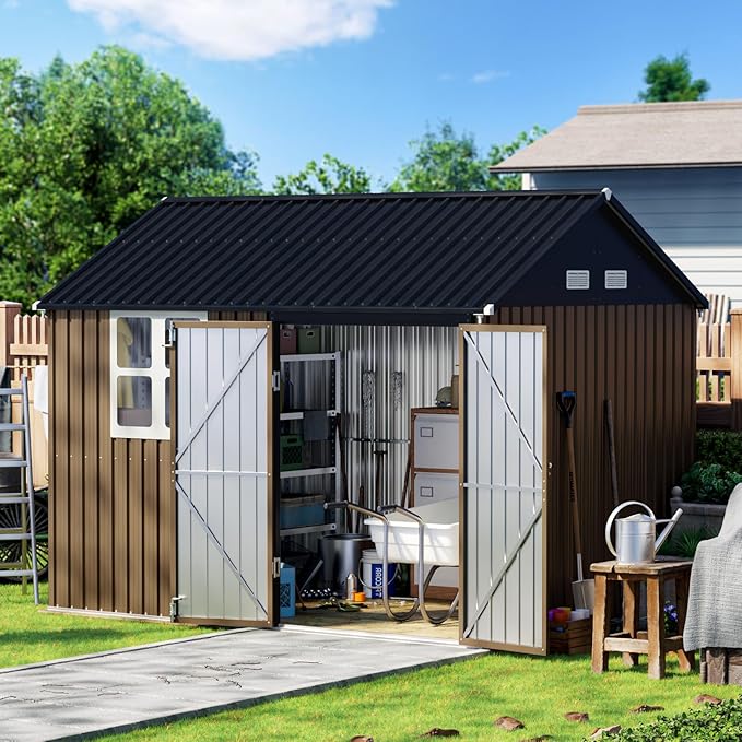 10X8FT Outdoor Steel Storage Shed with Lockable Doors, One Big Window,Ideal for Garden, Backyard, Patio Storage,Brown