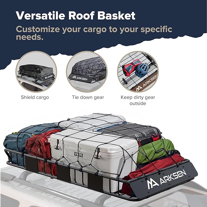 ARKSEN 64 x 34 x 6 Inch Universal Roof Rack with Extension, 600D Waterproof Bag, 2 Ratchet Straps&Net, 150 LBS Capacity Heavy Duty Rooftop Cargo Basket for SUV, Truck, RV, Pickup