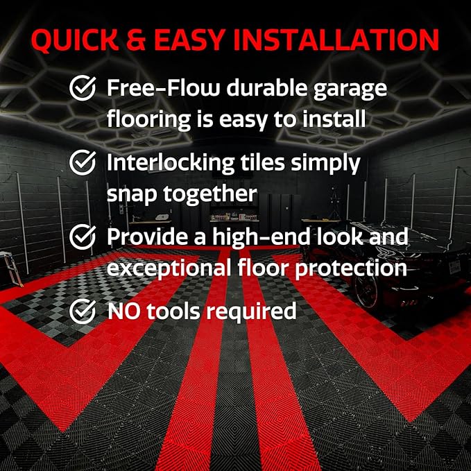Big Floors RaceDeck Free-Flow Open Rib Self-Draining Design, Durable Copolymer Plastic Interlocking Modular Garage Flooring Tile (24 Pack), Red