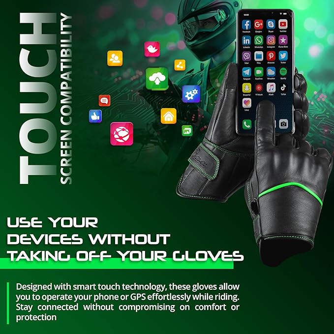 aasportx Motorcycle Gloves - Men's Leather Motorbike Gloves with Touchscreen Function - Non-Slip Pads for Men & Women