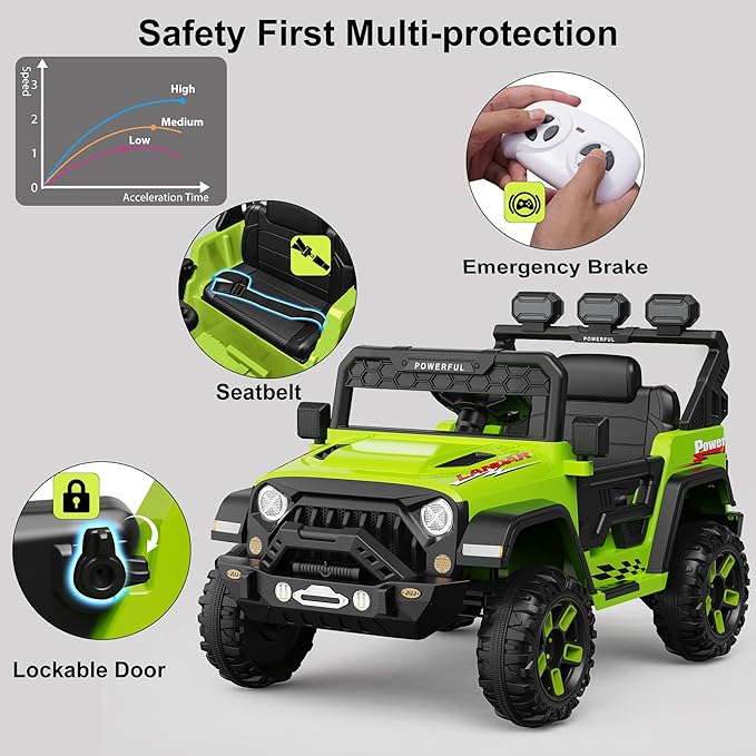 Kids Electric Vehicle, 12V Battery Powered Ride On Car with 2.4G Remote Control, Electric Car for Kids, 3 Speed Ride On Toy, Soft Start, LED Lights, Bluetooth, Green