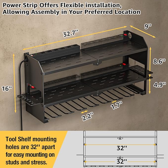 YYR Power Tool Organizer with Charging Station Wall Mount, Cordless Drill and Battery Holder for Garage Organization, Electric Tools Storage Rack Build in Surge Protection Power Strip - Black Shelf