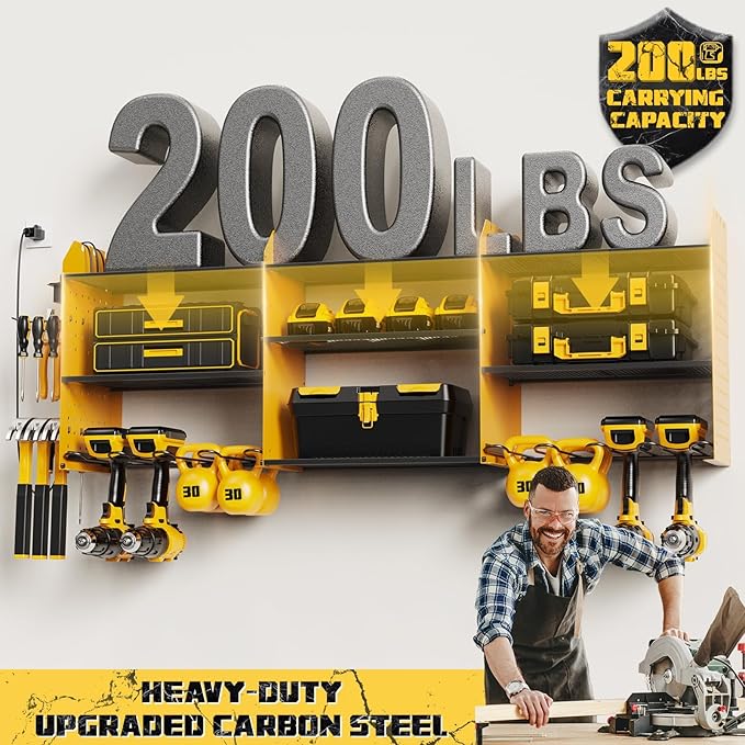 Power Tool Organizer with Charging Station Wall Mount, 3 Layer Expanded Heavy Duty Garage Organization, 45.5 Inch Length Garage Tool Storage, 8 Drills, 2 Assemble Method, Yellow