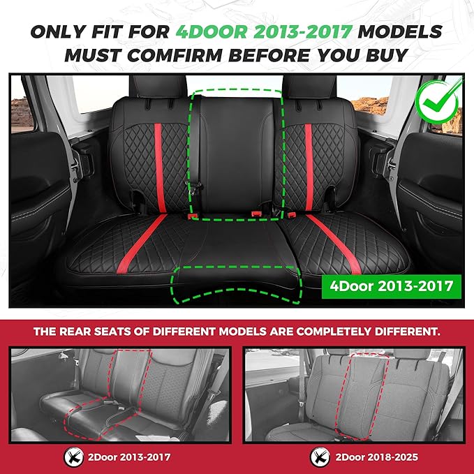 for Jeep Wrangler Seat Covers 4Door JK 2013 2014 2015 2016 2017, Custom Car Seat Cover Full Set, Luxury Leather Seat Protectors, Waterproof SUV Interior Cushions Accessories, Black Red Trim