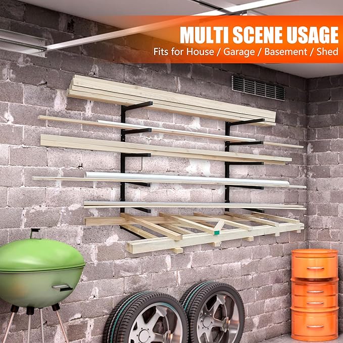 6-Tiered Collapsible Wall Mount Lumber Storage Metal Rack, 6-Level Foldable Heavy Duty Indoor Garage Wood organizer, Outdoor Adjustable Steel Multipurpose Workshop Shelf, Holds up to 600Lbs