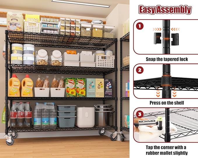 PrimeZone 55.5" W x 24" D x 80" H Heavy Duty Wire Storage Shelves with Wheels, 4 Tier Adjustable NSF Certified Garage Shelving Unit, Rolling Metal Organizer Shelf Rack for Warehouse, Pantry, Black
