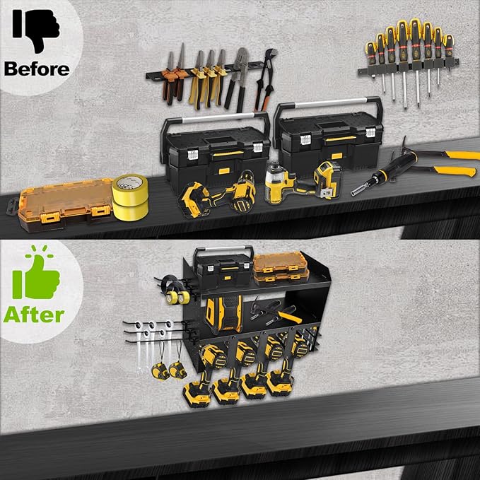 Heavy-Duty Power Tool Organizer Wall Mount, 3-Tier Drill Storage Rack with Dual Side Pegboards and 4 Hooks, Perfect for Garage, Workshop, Tool Room - Ideal Gift for Men, Black