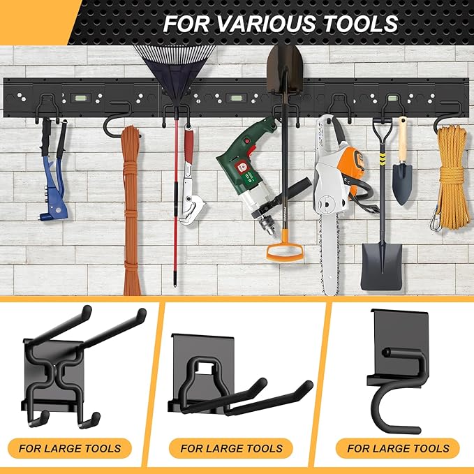 Garage Tool Organizer Wall Mounted, 48 Inches Adjustable Lawn Tool Organizers for Garage, 7 Adjustable Wall Hooks Heavy Duty Yard Tool Organizer Hold Up to 600lbs