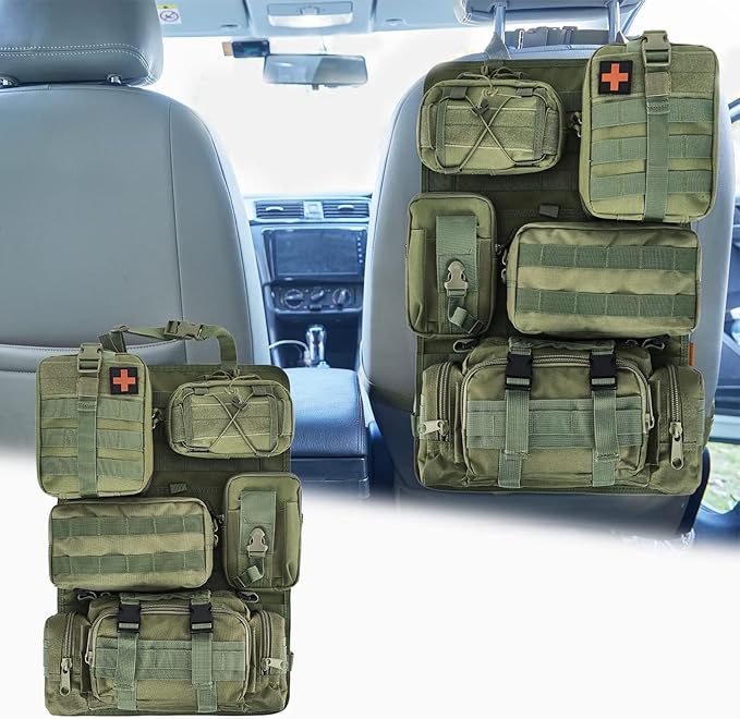 Universal Tactical Seat Back Organizer Vehicle Molle Panel Organizer Storage Bag with 5 Detachable Molle Pouch for All Vehicel Such as Jeep,Truck,SUV, Car, Ford,Chevy etc